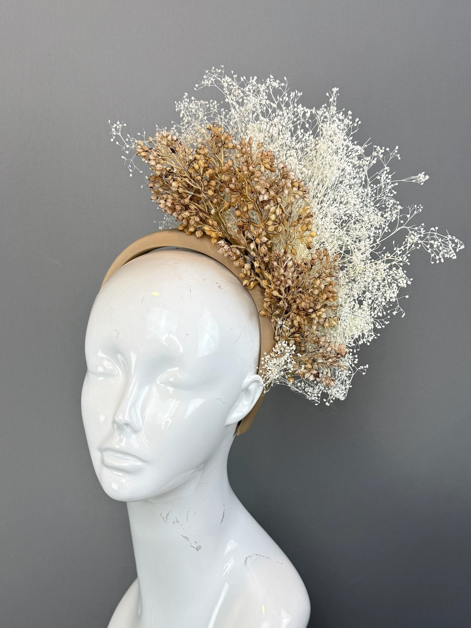 Tan and White Kentucky Derby fascinator, Derby Hat Alternative (GOLD LINE)