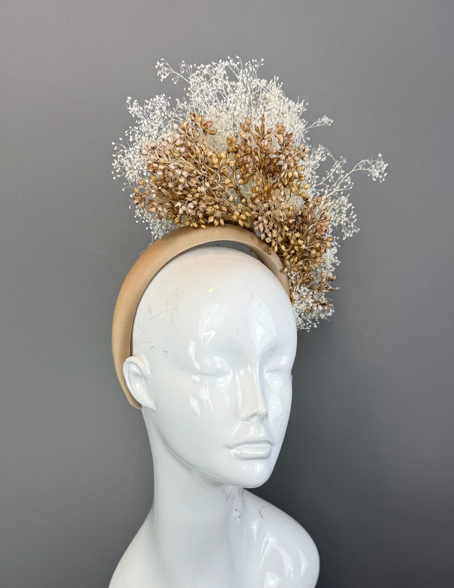 Tan and White Kentucky Derby fascinator, Derby Hat Alternative (GOLD LINE)