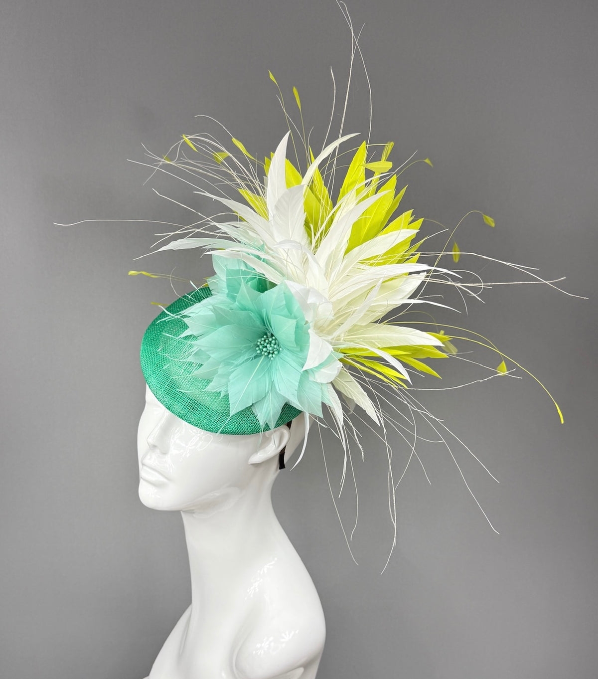 Kentucky Derby Fascinator Hat | Mint green poinsettias, with white and lime green feathers Headpiece | Derbyologie
