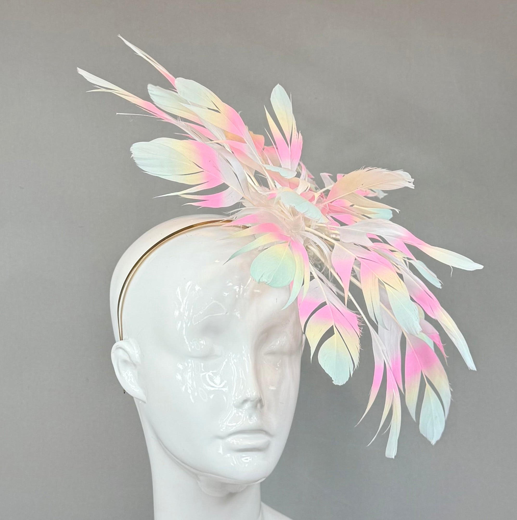 HUGE tie-dyed feather flower Kentucky Derby Fascinator, derby hat Kentucky Derby Hat, Feather Fascinator, (GOLD LINE)