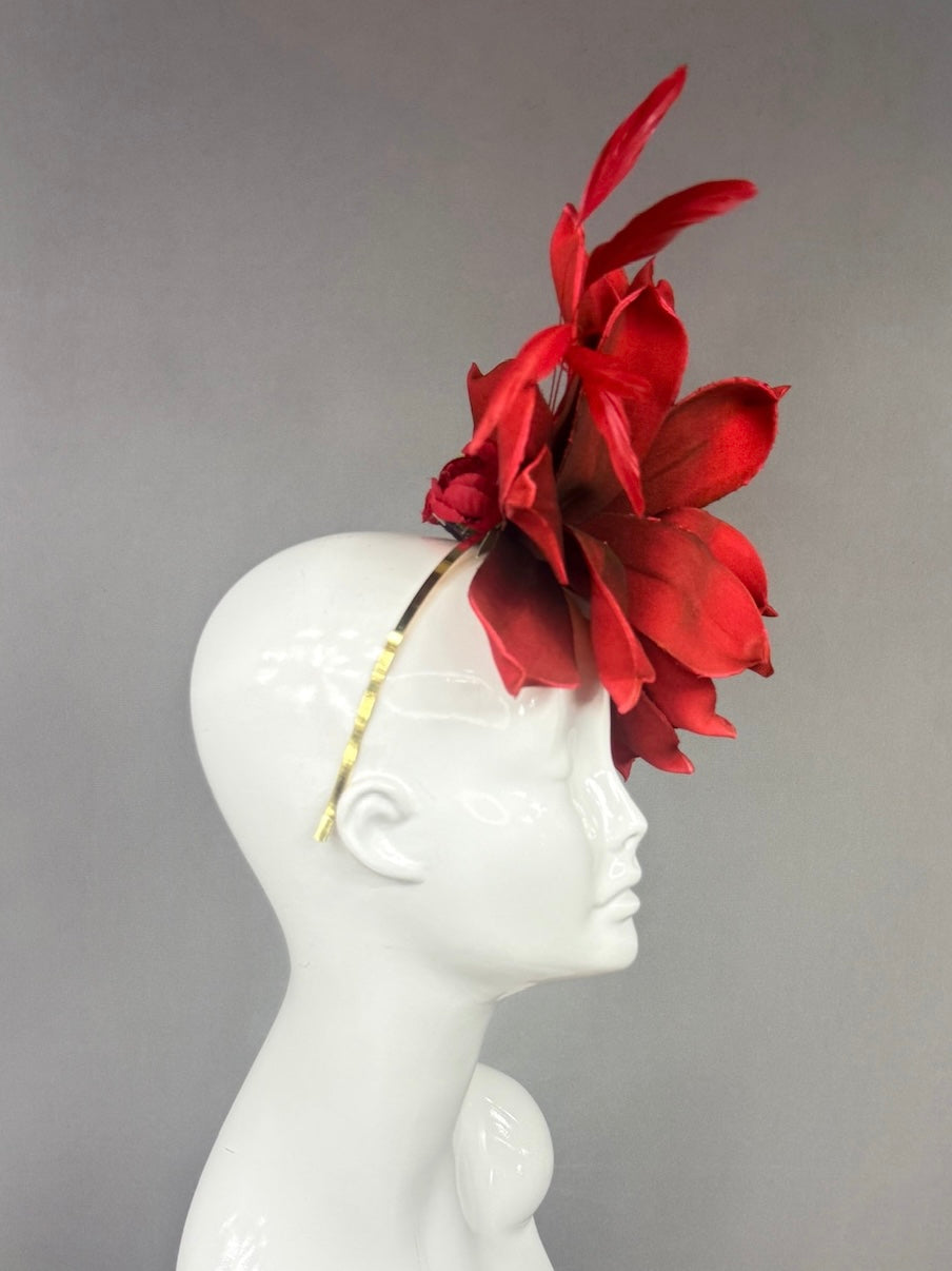 Kentucky Derby Fascinator Hat |  Red magnolias and feathers  Headpiece | Derbyologie