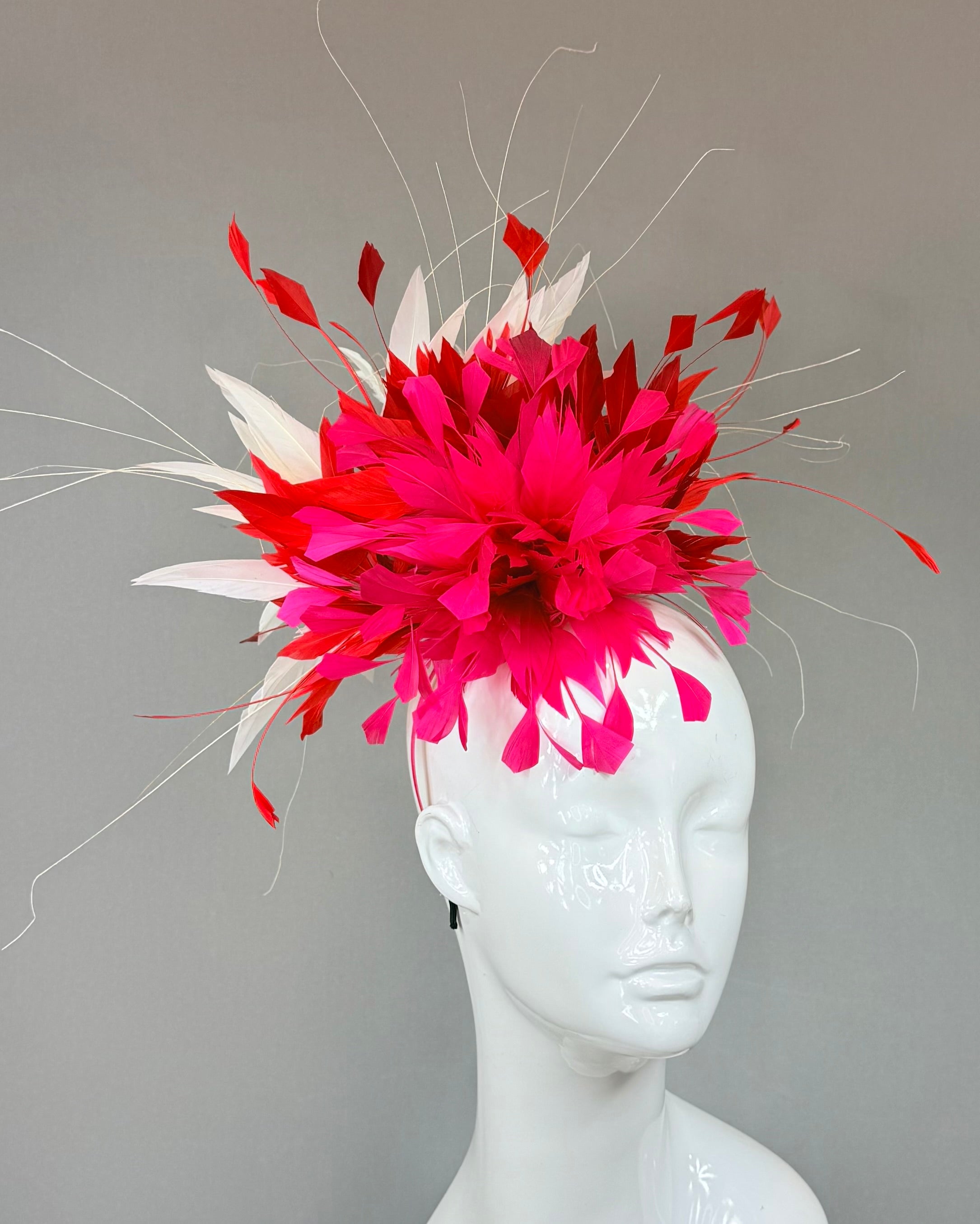 Kentucky Derby Fascinator Hat | fuchsia, red, and white feathered Headband Hat | Derbyologie