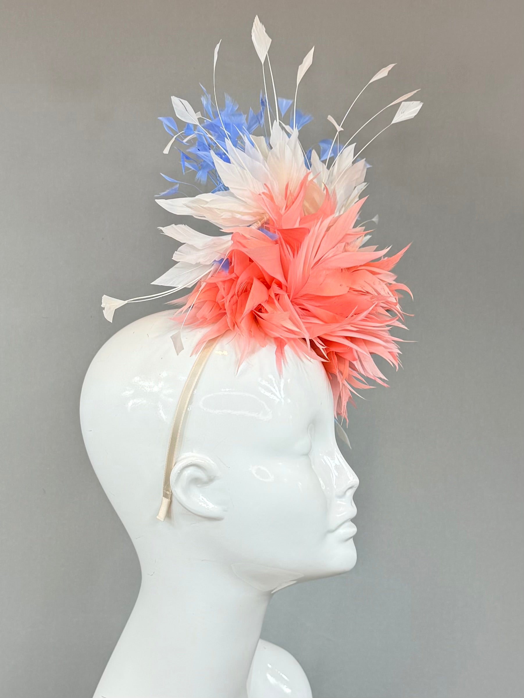 Kentucky Derby Fascinator Hat | Coral, white, and blue feathered Headband Hat | Derbyologie