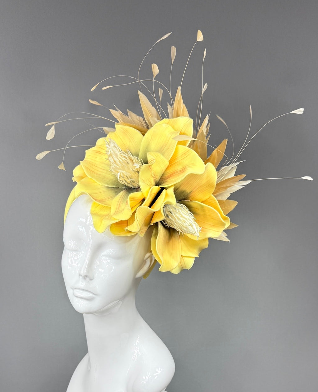 Kentucky Derby Fascinator Hat |oversized yellow magnolias and beige feathers Headpiece | Derbyologie