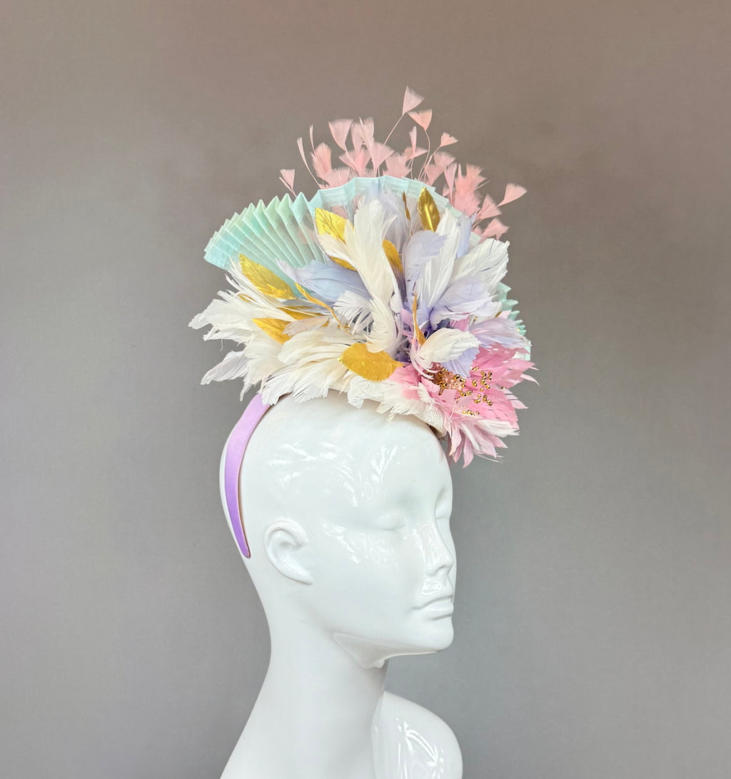 Pink, purple, gold and white Kentucky Derby Fascinator, derby hat Kentucky Derby Hat Alternative, Floral Fascinator, (PLATINUM LINE)