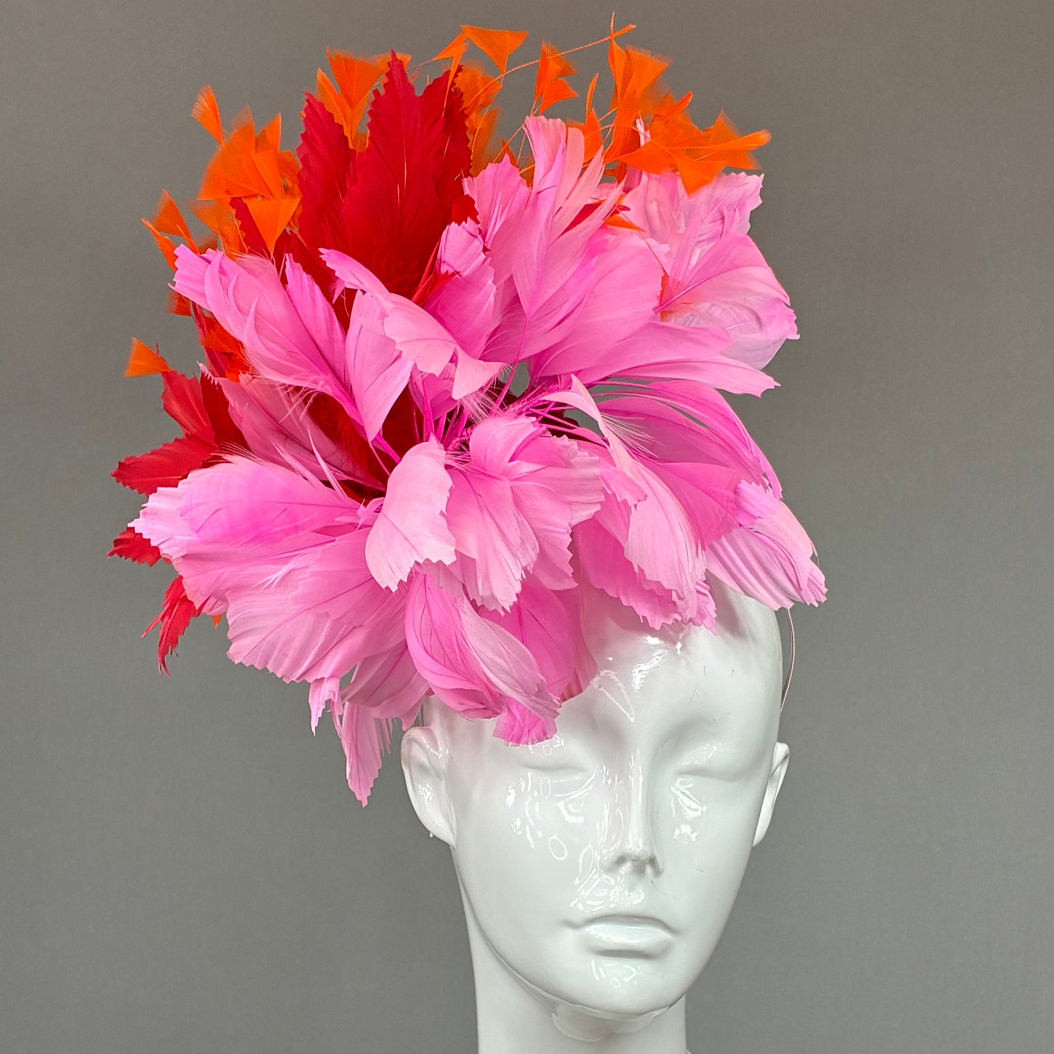 Kentucky Derby Fascinator Hat | Orange, pink, and red feathered Headband Hat | Derbyologie