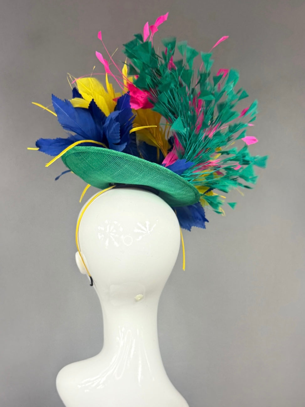 Kentucky Derby Fascinator Hat |  Navy, yellow, pink, and green feathered Headpiece | Derbyologie