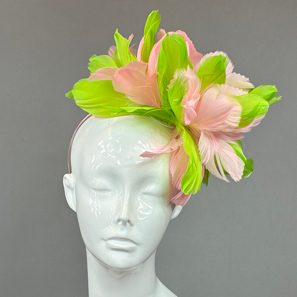 Kentucky Derby Fascinator Hat | Pink & Green feather Headpiece | Derbyologie