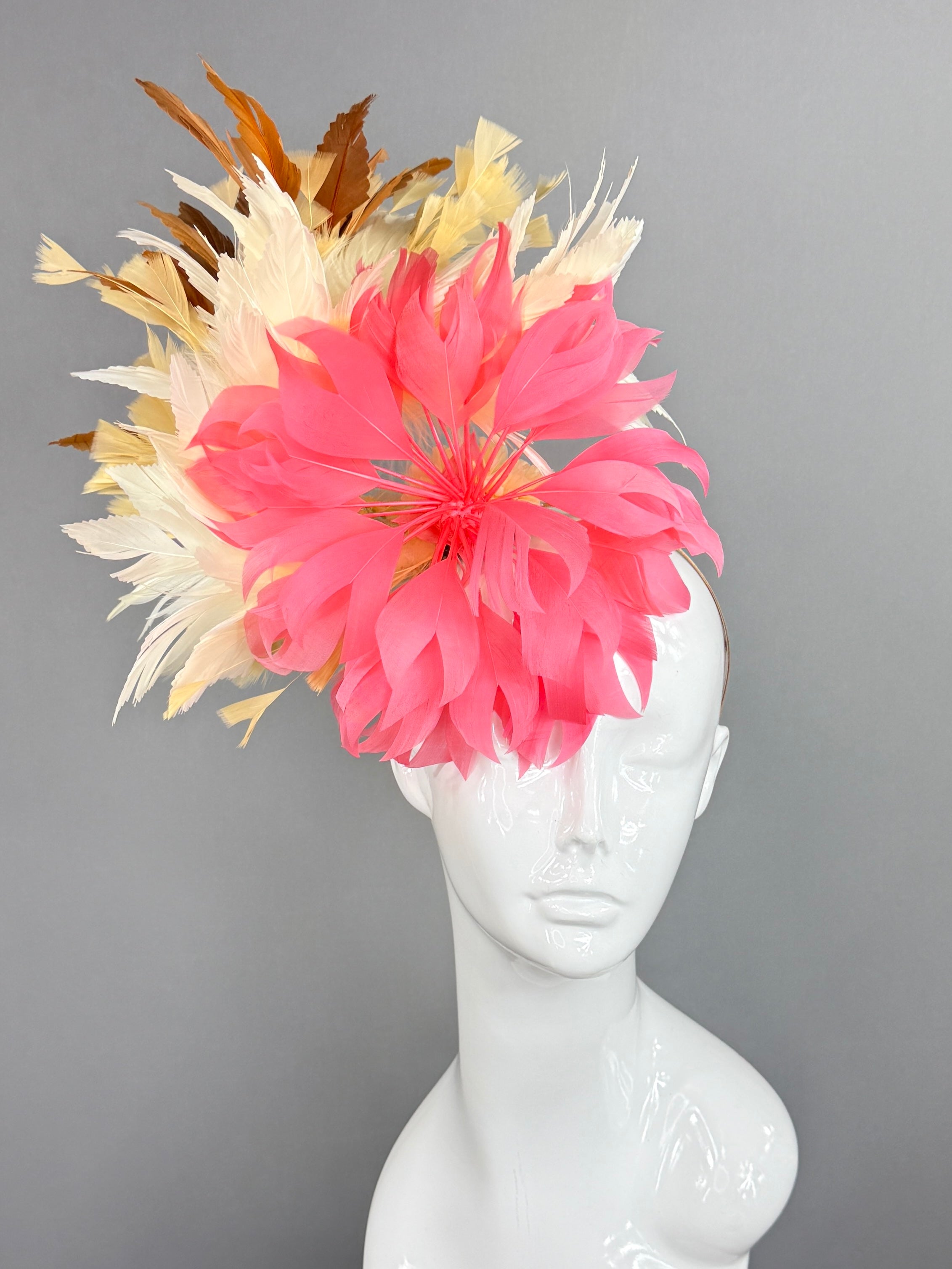 Kentucky Derby Fascinator Hat | Pink, white, beige, and brown feathered Headpiece | Derbyologie