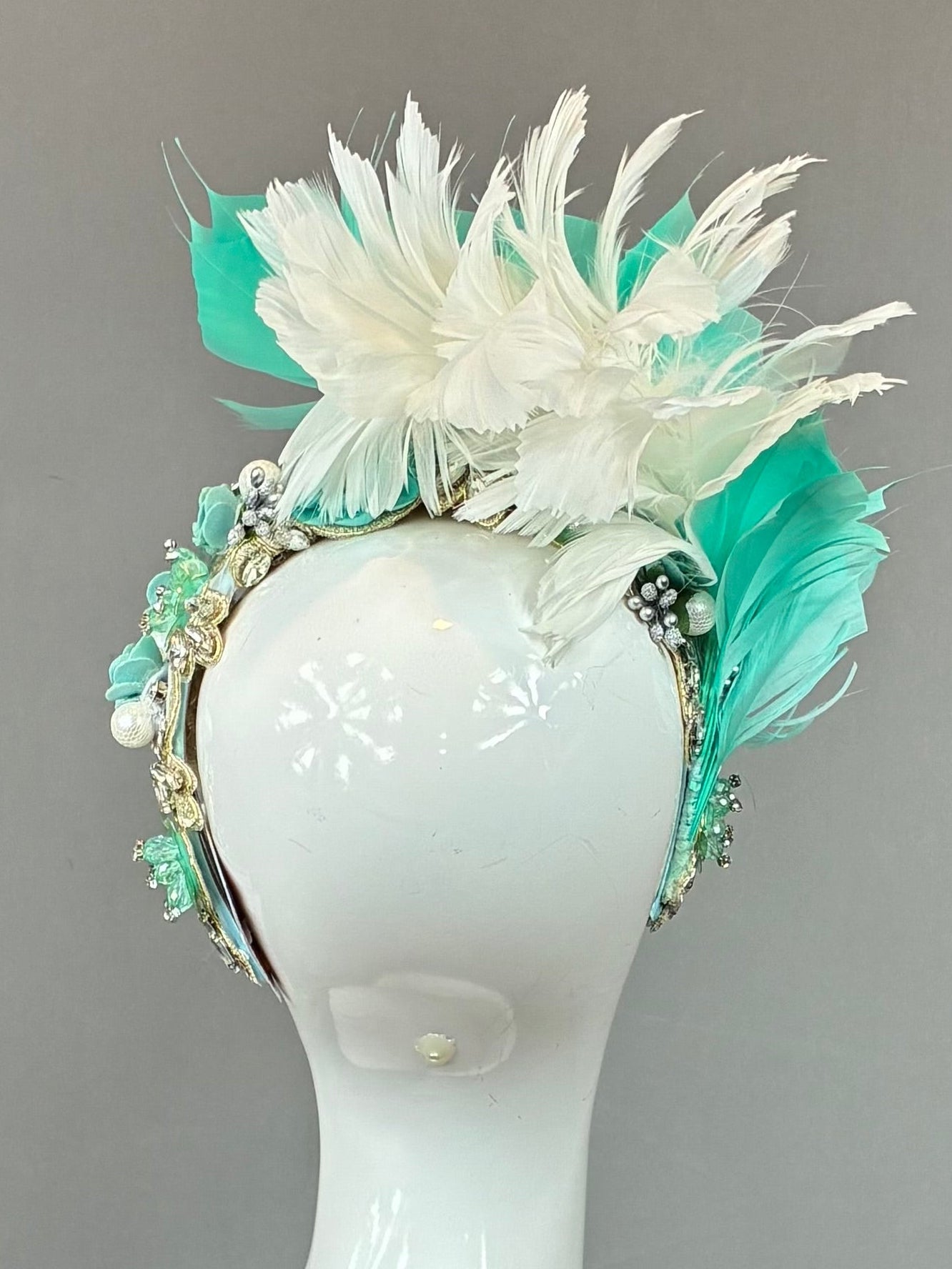 Turquoise and white jeweled Kentucky Derby Fascinator, derby hat (GOLD LINE)