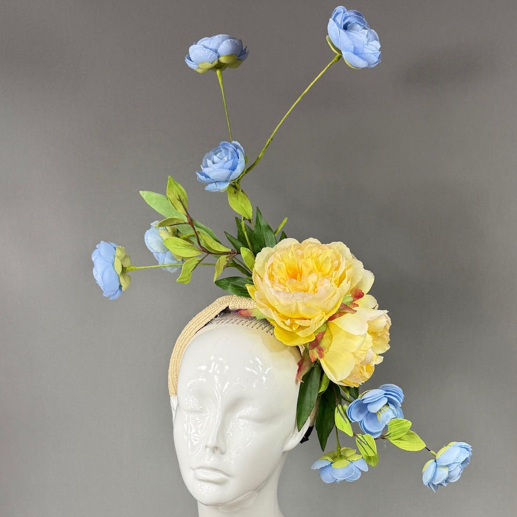 Kentucky Derby Fascinator Hat | Yellow and blue flowered Headpiece | Derbyologie