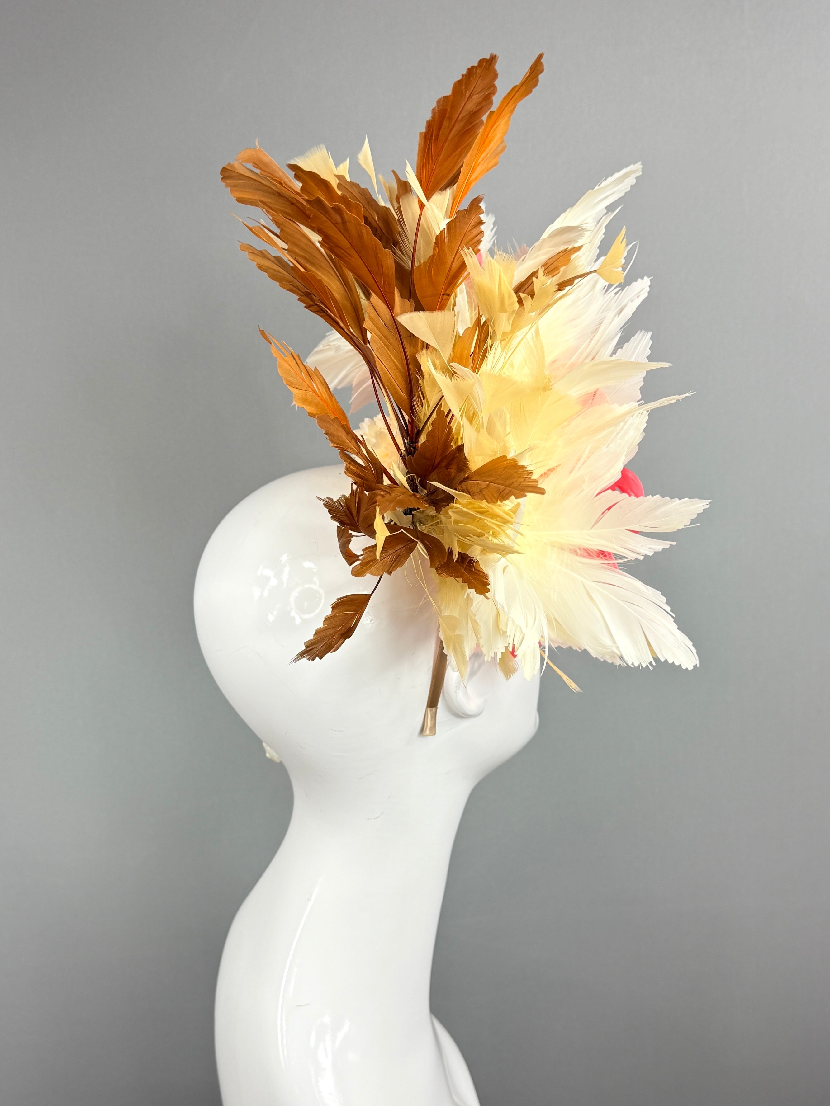 Kentucky Derby Fascinator Hat | Pink, white, beige, and brown feathered Headpiece | Derbyologie