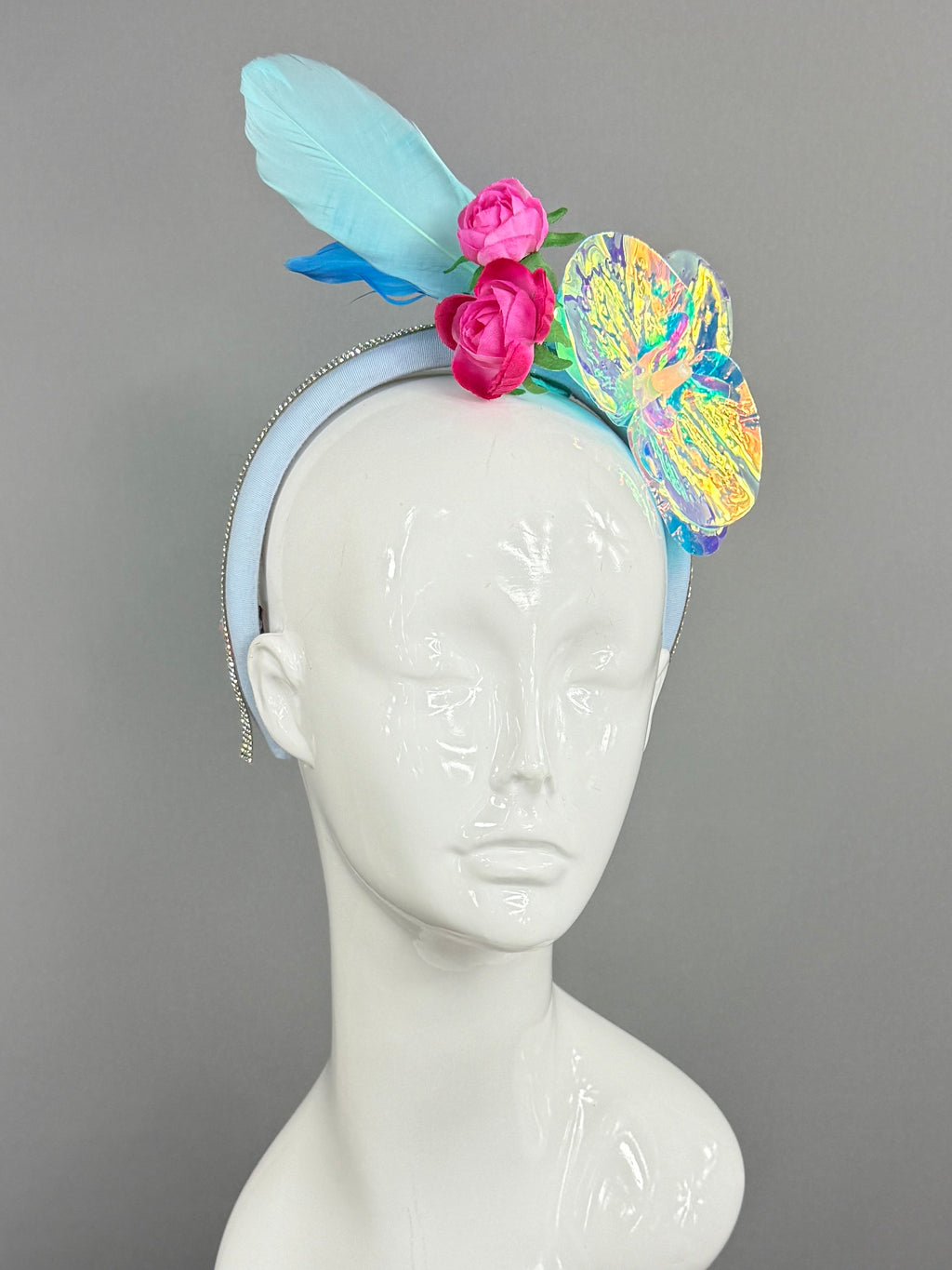 Kentucky Derby Fascinator Hat |Blue, pink, and iridescent Headpiece, created by a 6 year old | Derbyologie