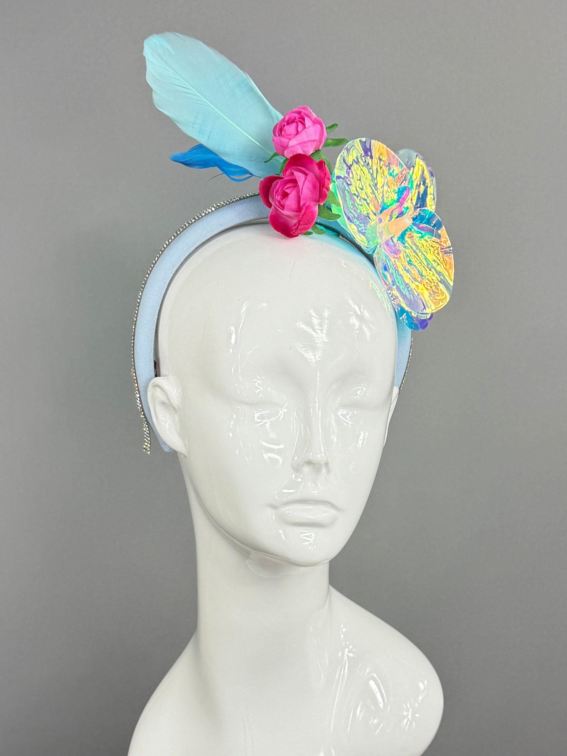 Kentucky Derby Fascinator Hat |Blue, pink, and iridescent Headpiece, created by a 6 year old | Derbyologie