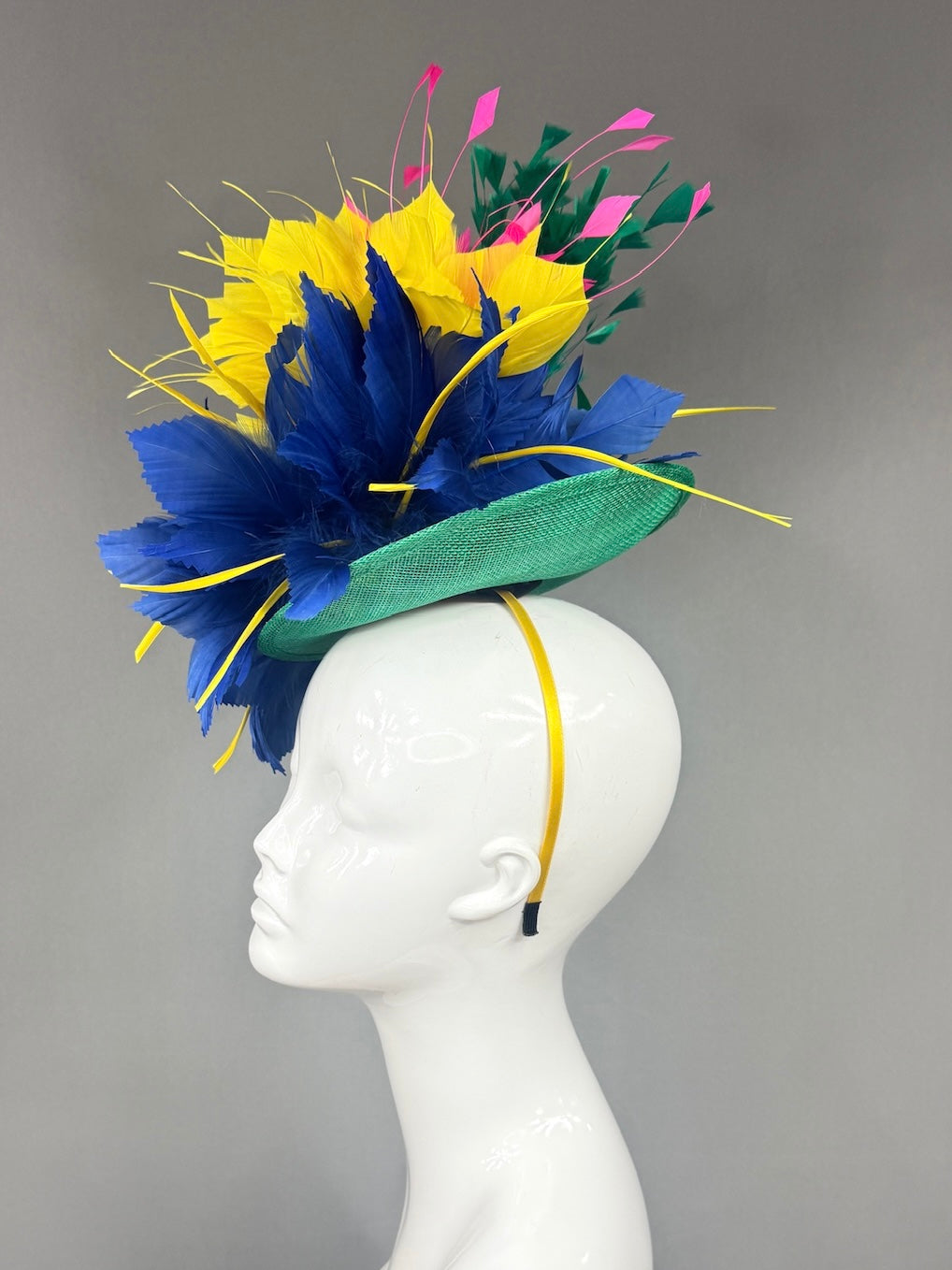 Kentucky Derby Fascinator Hat |  Navy, yellow, pink, and green feathered Headpiece | Derbyologie