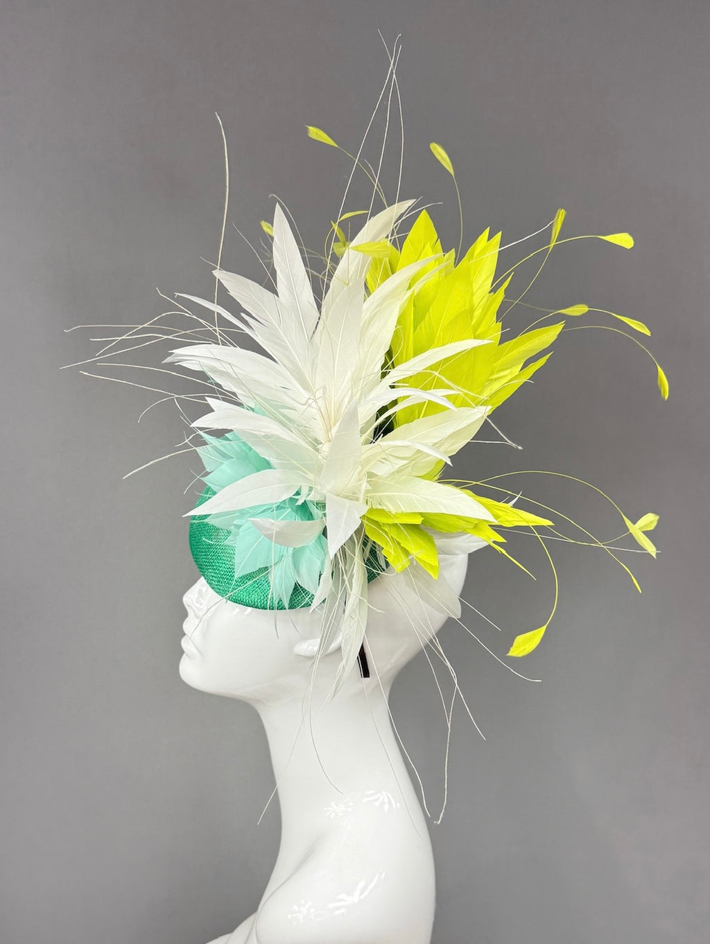 Kentucky Derby Fascinator Hat | Mint green poinsettias, with white and lime green feathers Headpiece | Derbyologie