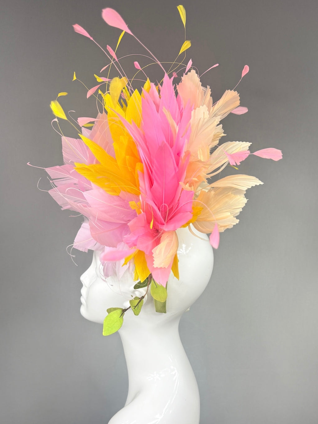 Kentucky Derby Fascinator Hat |  Pink and yellow feathers and leaves Headpiece | Derbyologie