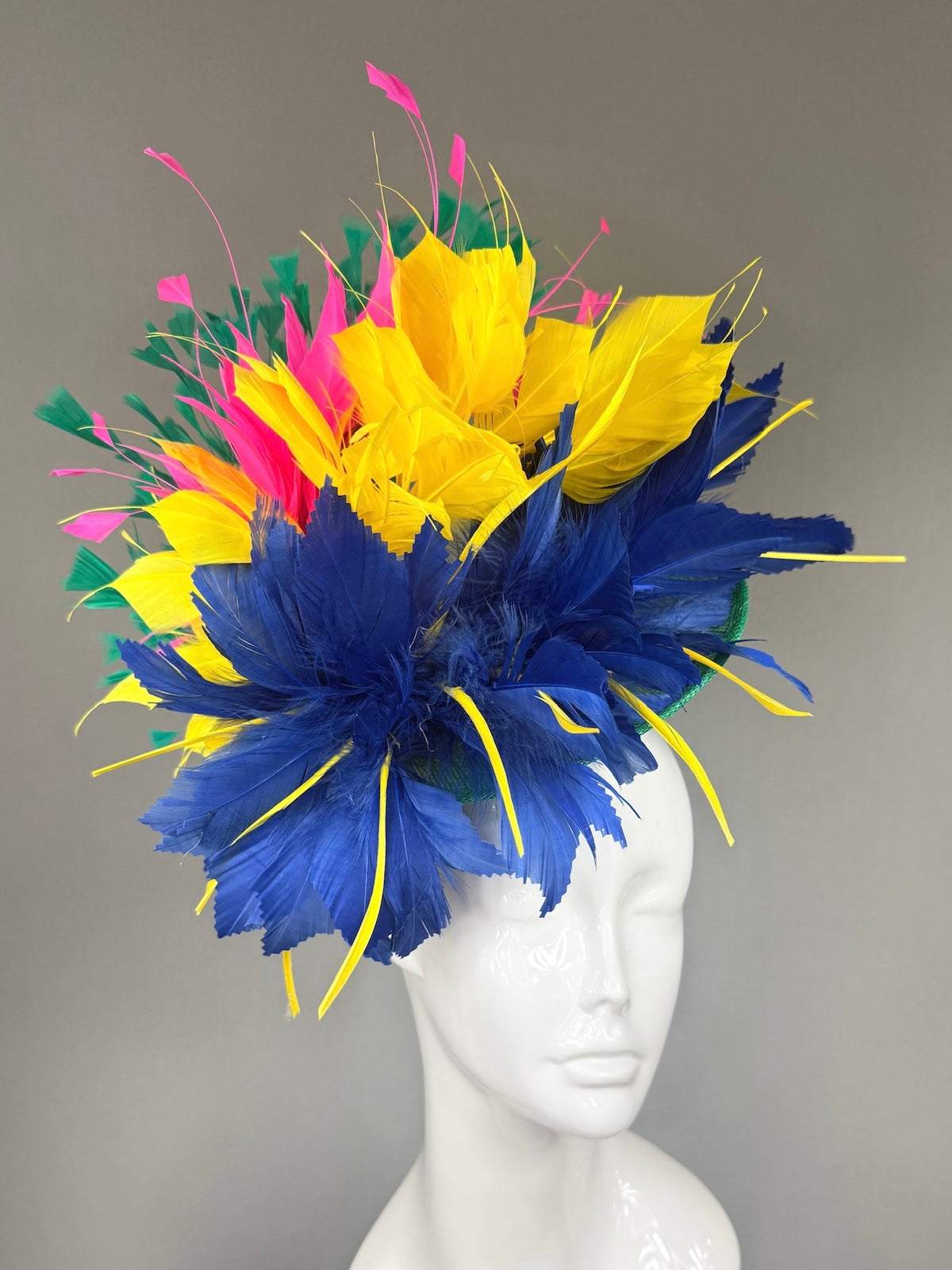 Kentucky Derby Fascinator Hat |  Navy, yellow, pink, and green feathered Headpiece | Derbyologie