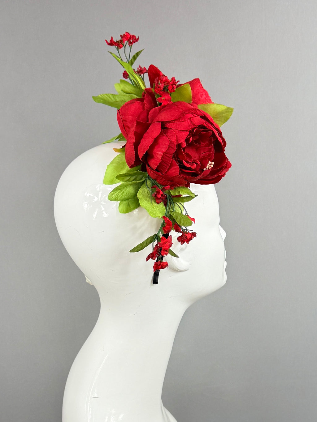 Kentucky Derby Fascinator Hat | Red peonies with green leaves  Headpiece | Derbyologie