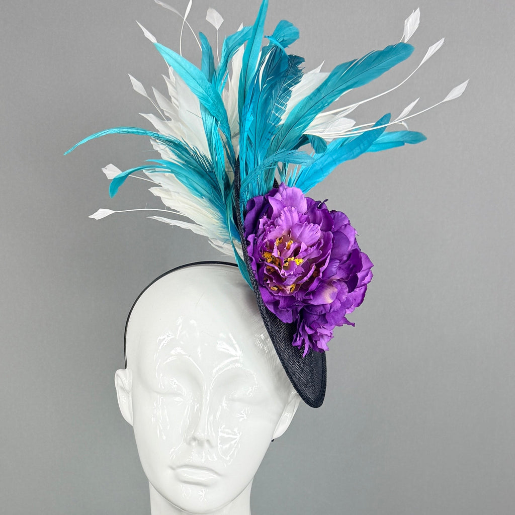 Kentucky Derby Fascinator Hat | Purple, white, teal, and black Headpiece | Derbyologie