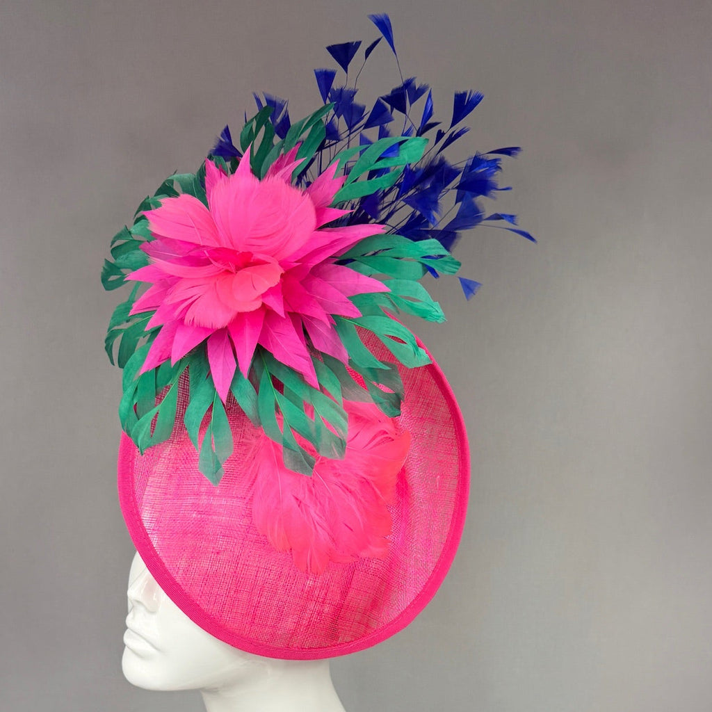 Kentucky Derby Fascinator Hat |  Pink and green feathered dahlia with blue feathers Headpiece | Derbyologie