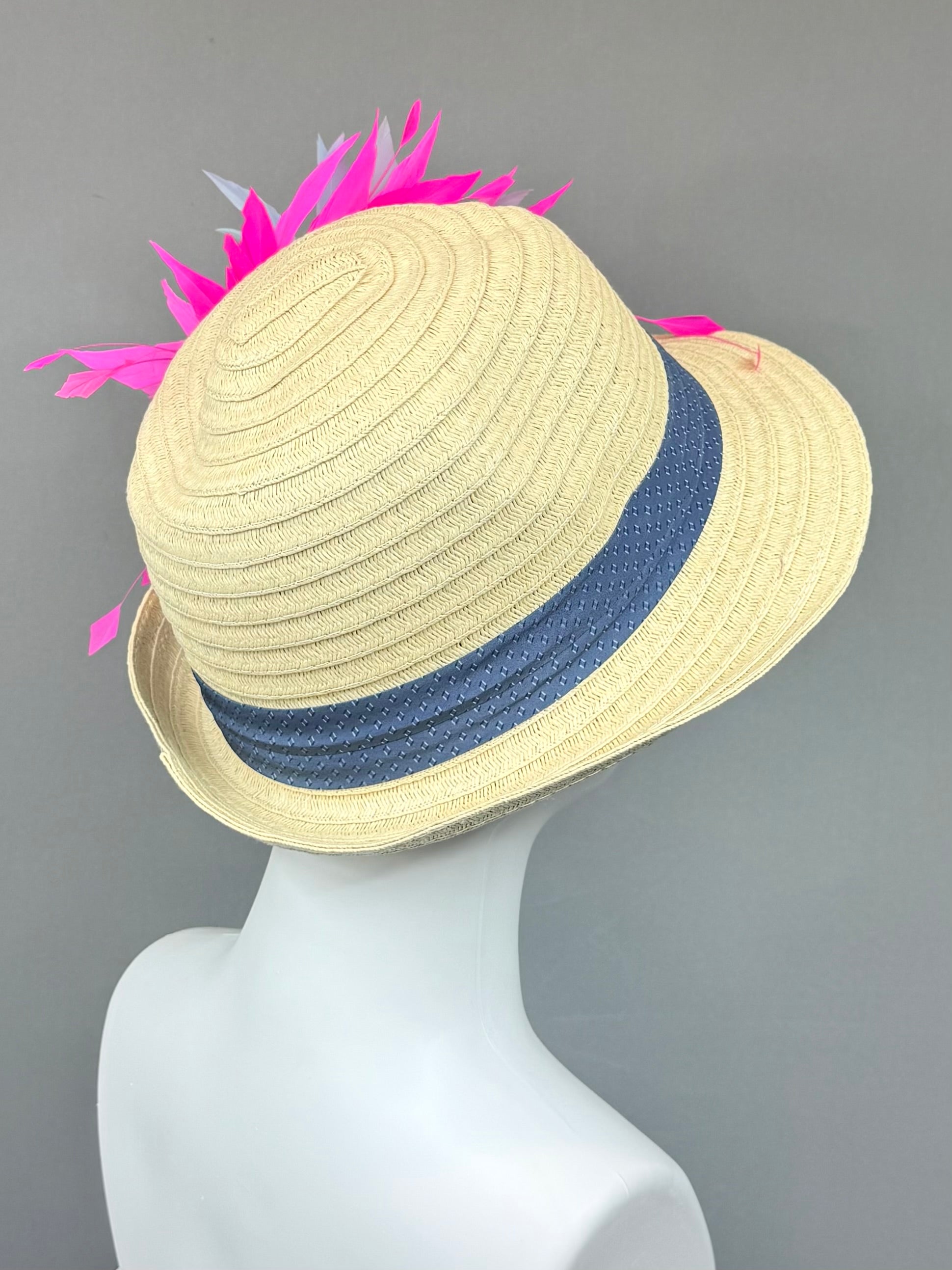 Kentucky Derby Men’s Hat | Straw Fedora, Blue & Pink Feather Hat| Derbyologie