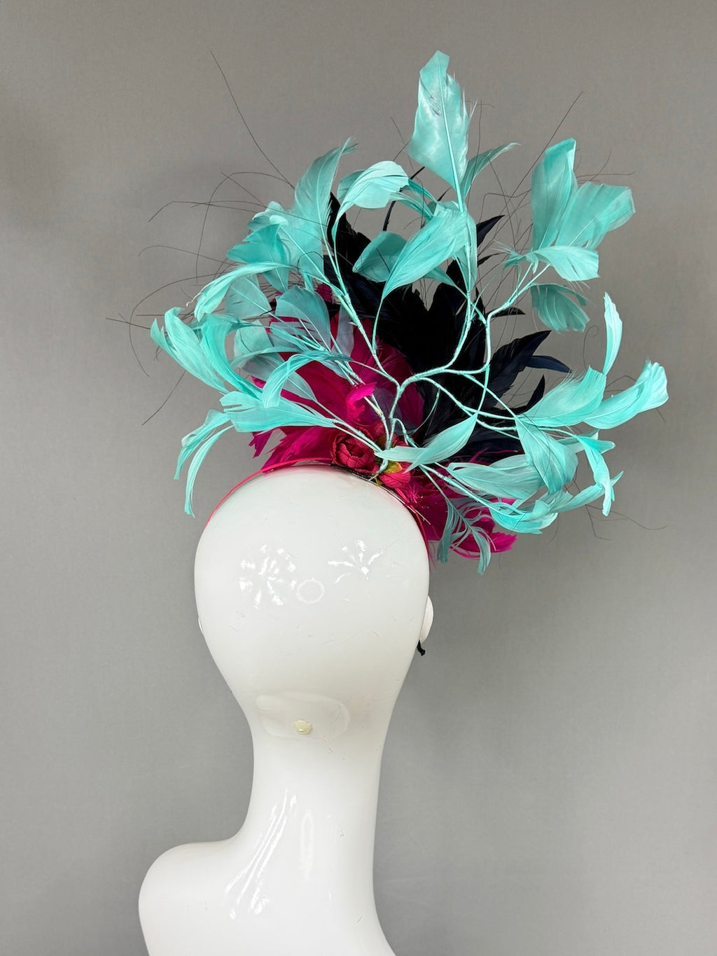 Kentucky Derby Fascinator Hat | Pink, navy, and teal feathered Headpiece | Derbyologie