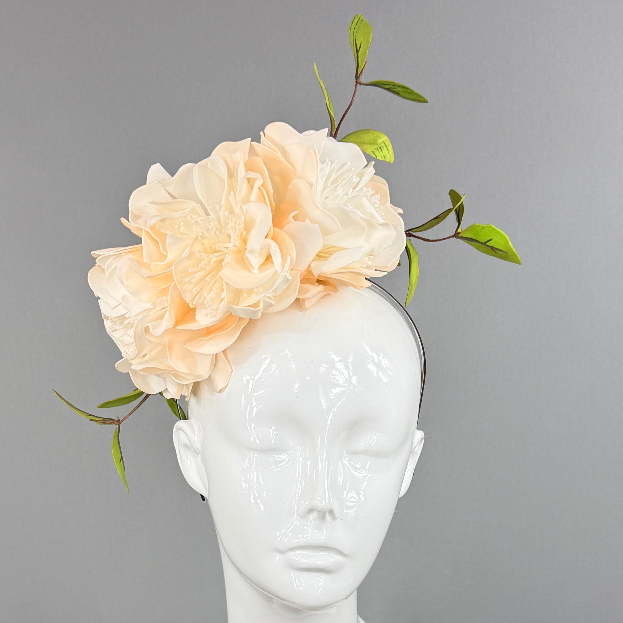 Kentucky Derby Fascinator Hat | Cream flowers and green leaves Headpiece | Derbyologie