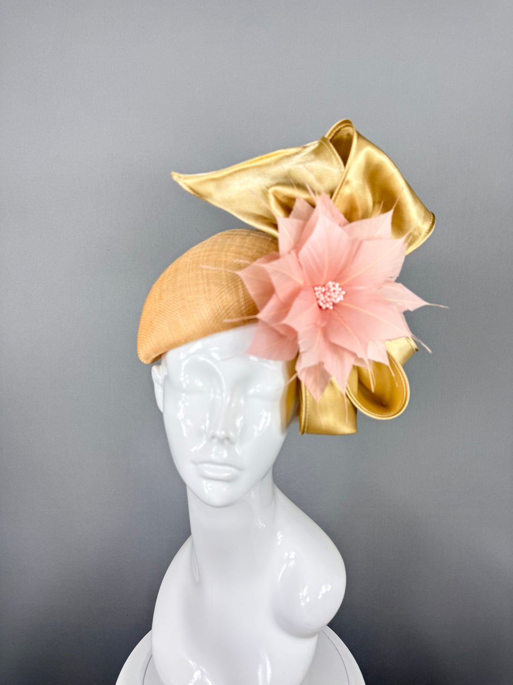 Kentucky Derby Fascinator Hat | Peachy Pink & Gold Bow Headpiece | Derbyologie