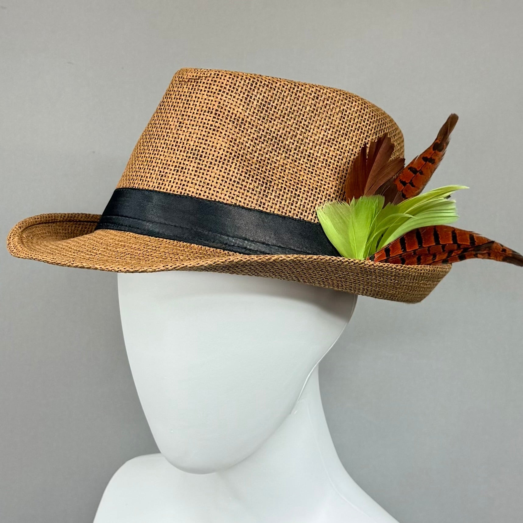 Kentucky Derby Men’s Hat | Brown Straw Fedora, Green Feather Hat| Derbyologie