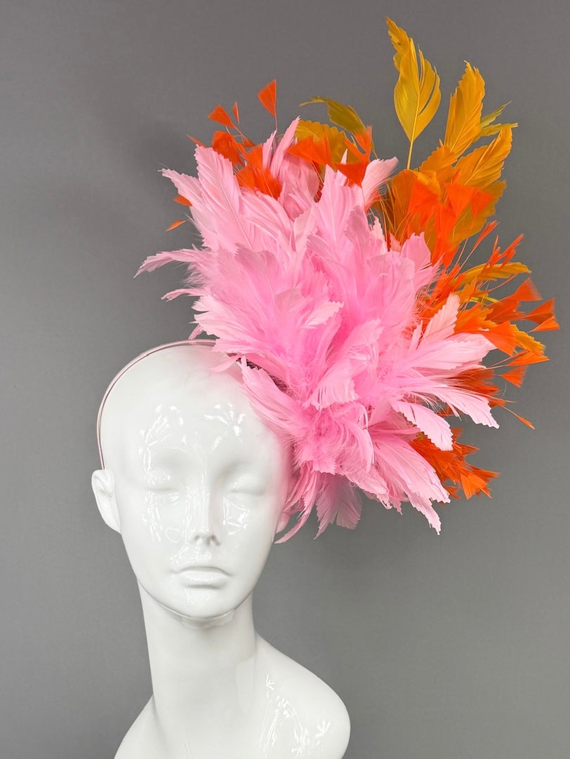 Kentucky Derby Fascinator Hat | Pink, Orange, and Yellow feathered Headpiece | Derbyologie