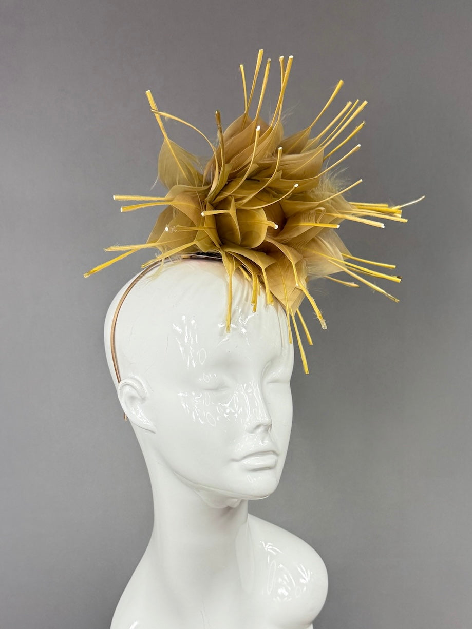 Kentucky Derby Fascinator Hat | Gold feathered dahlia Headpiece | Derbyologie