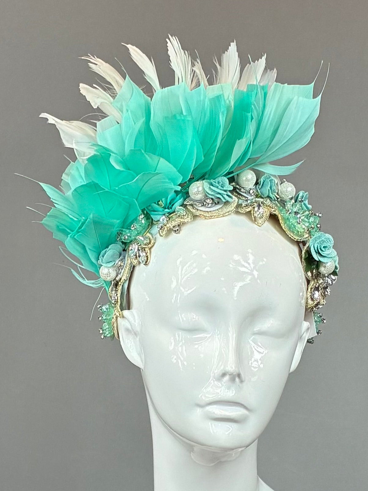 Turquoise and white jeweled Kentucky Derby Fascinator, derby hat (GOLD LINE)