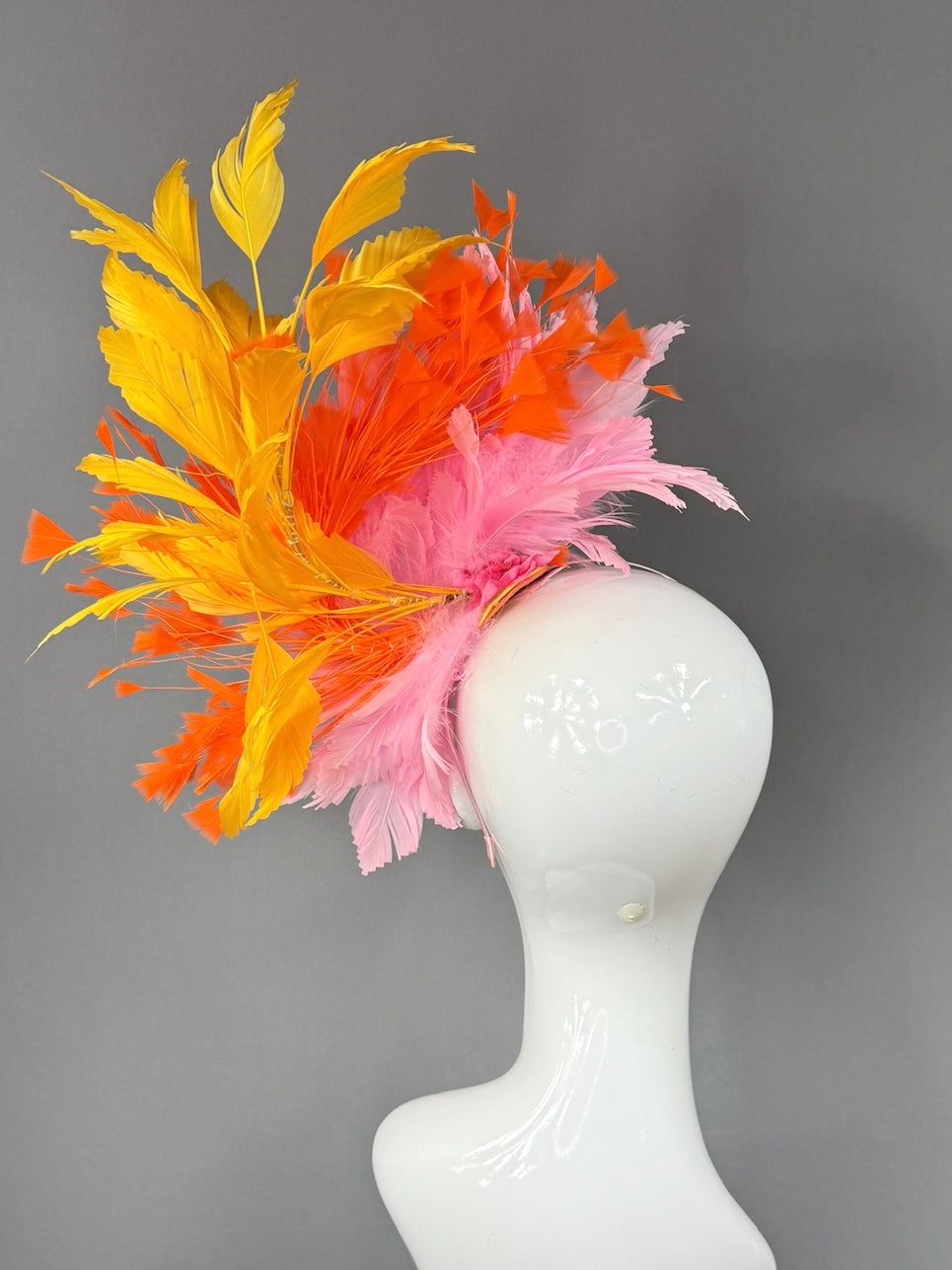 Kentucky Derby Fascinator Hat | Pink, Orange, and Yellow feathered Headpiece | Derbyologie