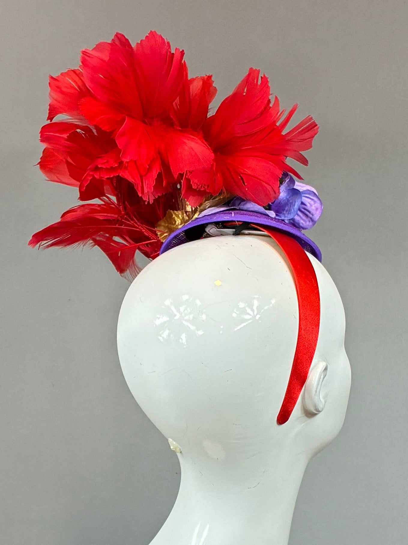 Kentucky Derby Fascinator Hat | Red, Gold, and Purple Headpiece | Derbyologie