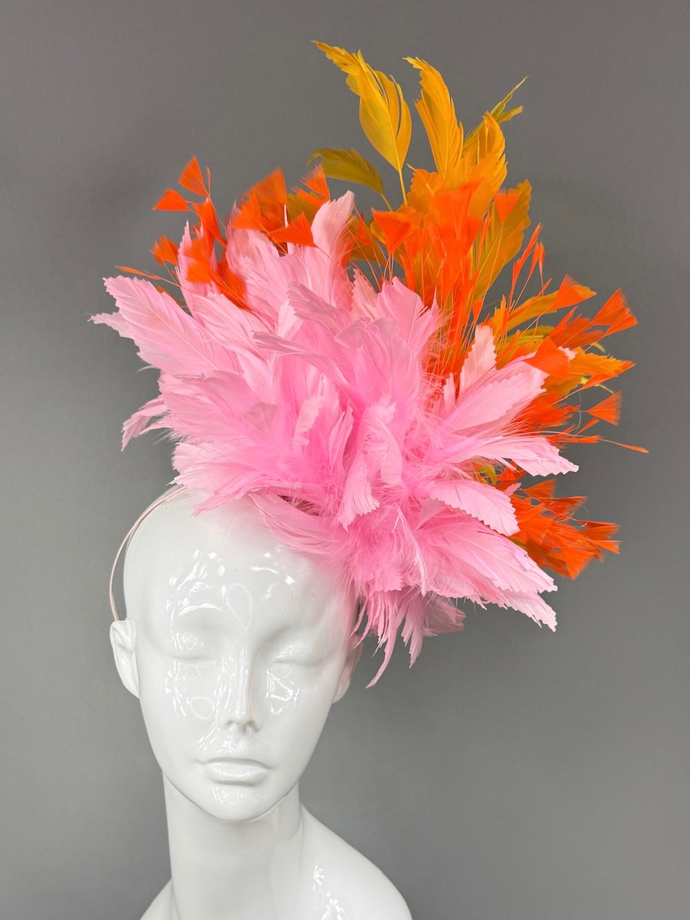 Kentucky Derby Fascinator Hat | Pink, Orange, and Yellow feathered Headpiece | Derbyologie