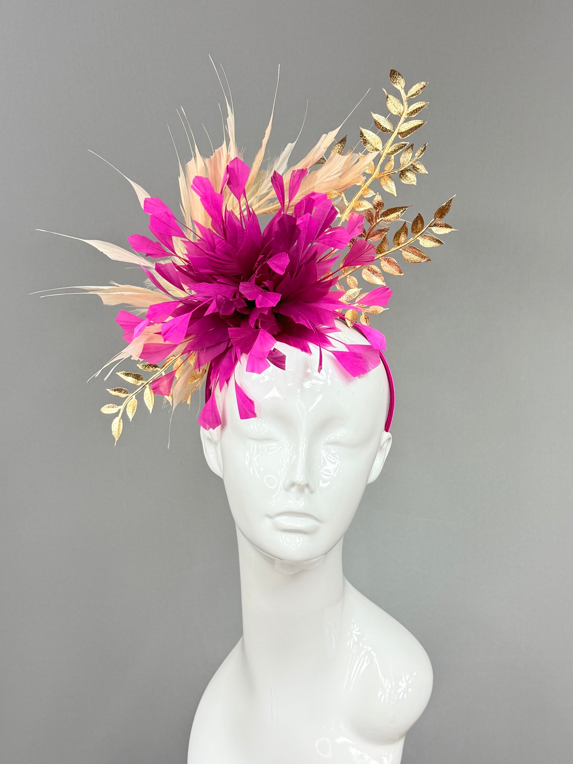 Kentucky Derby Fascinator Hat |Fuchsia, beige, and gold  Headband Hat | Derbyologie