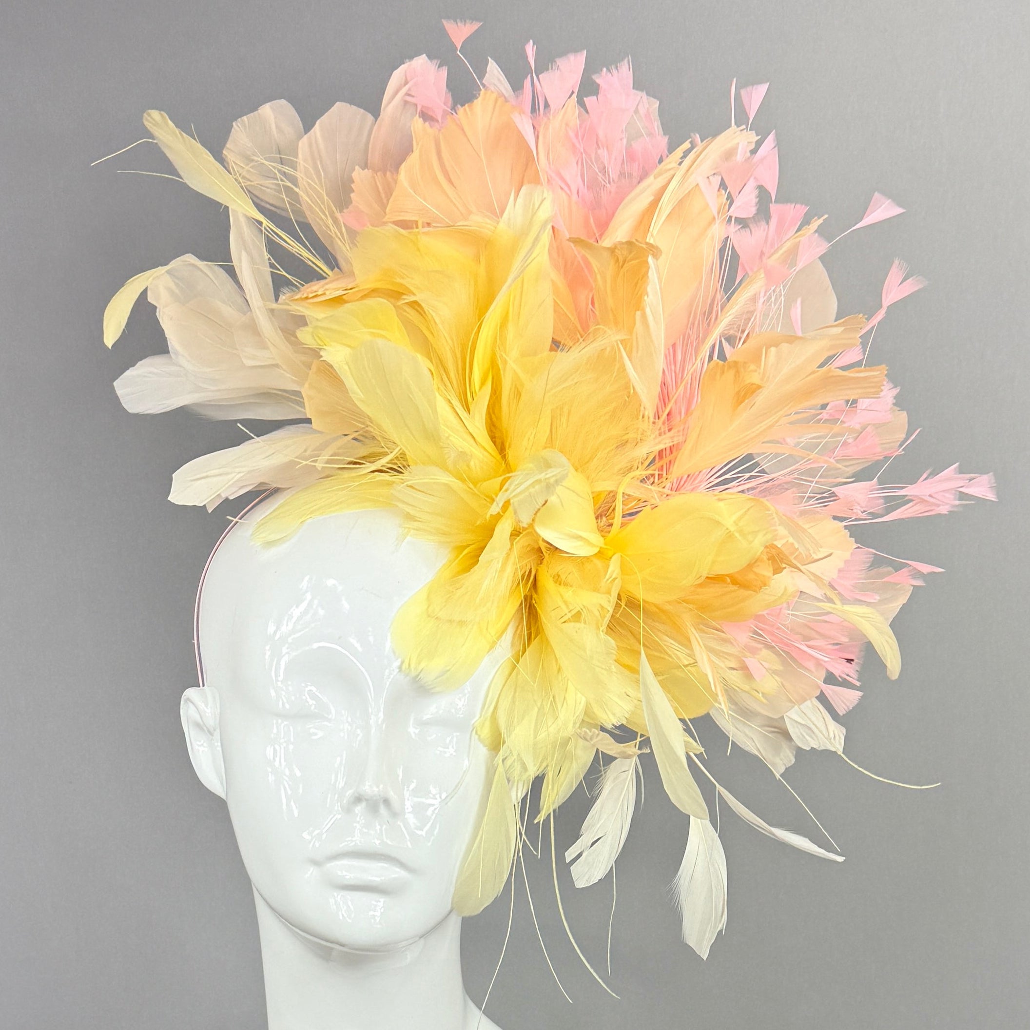 Kentucky Derby Fascinator Hat | Yellow, pink, and beige feathered Headpiece | Derbyologie