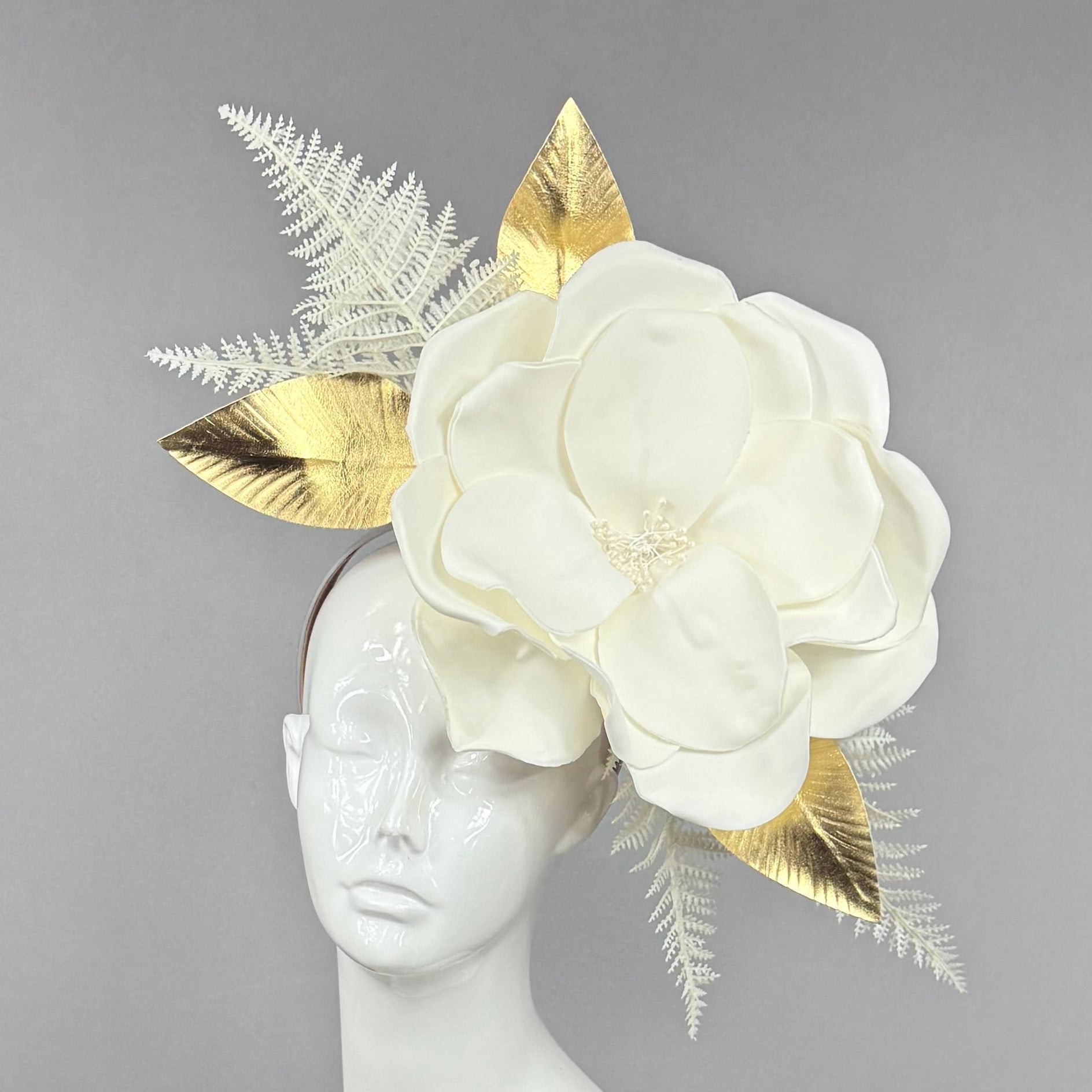 Kentucky Derby Fascinator Hat | White and Gold Flower Headpiece | Derbyologie