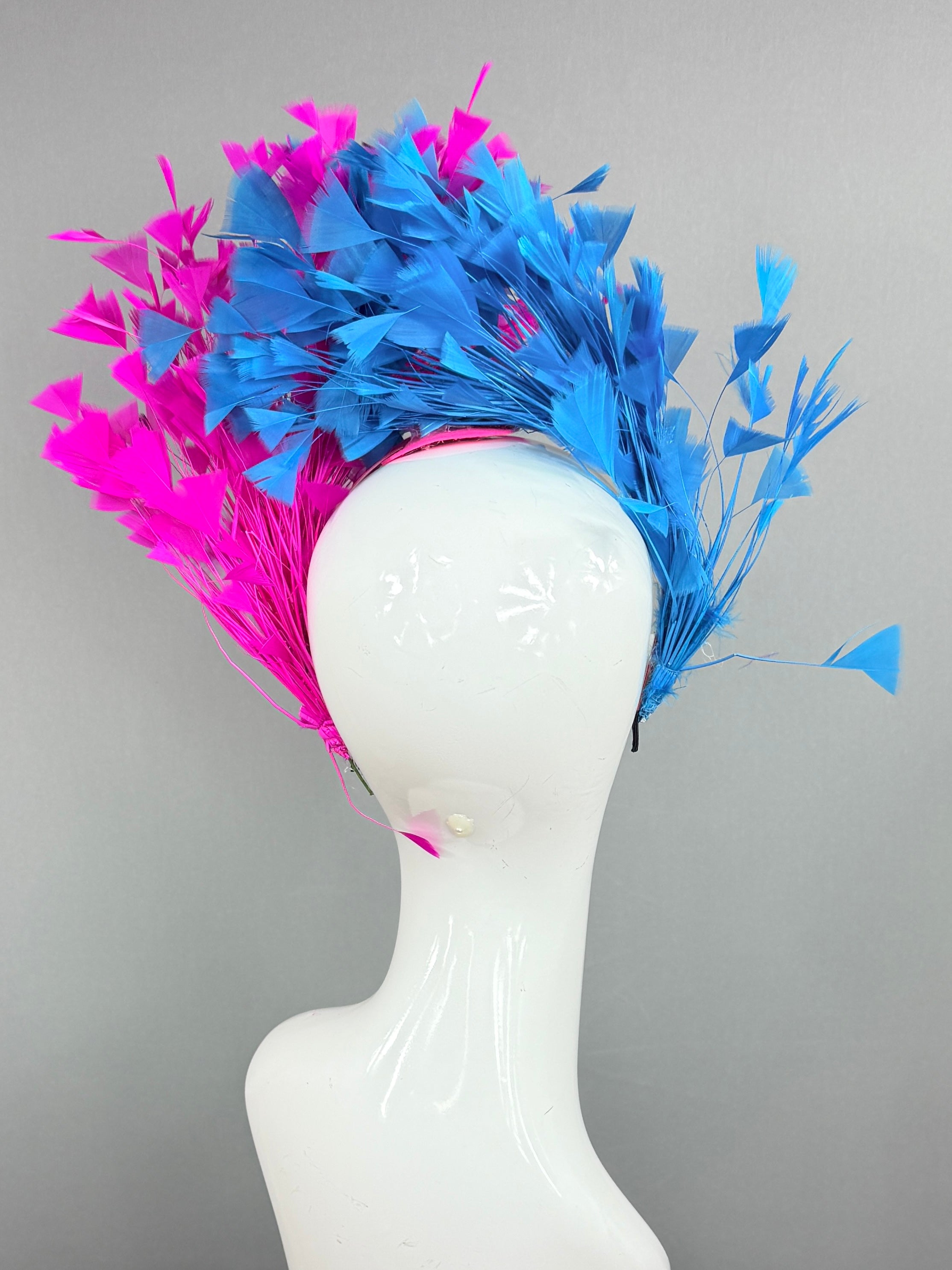 Kentucky Derby Fascinator Hat |Blue and pink feathered Headpiece, created by a 6 year old | Derbyologie