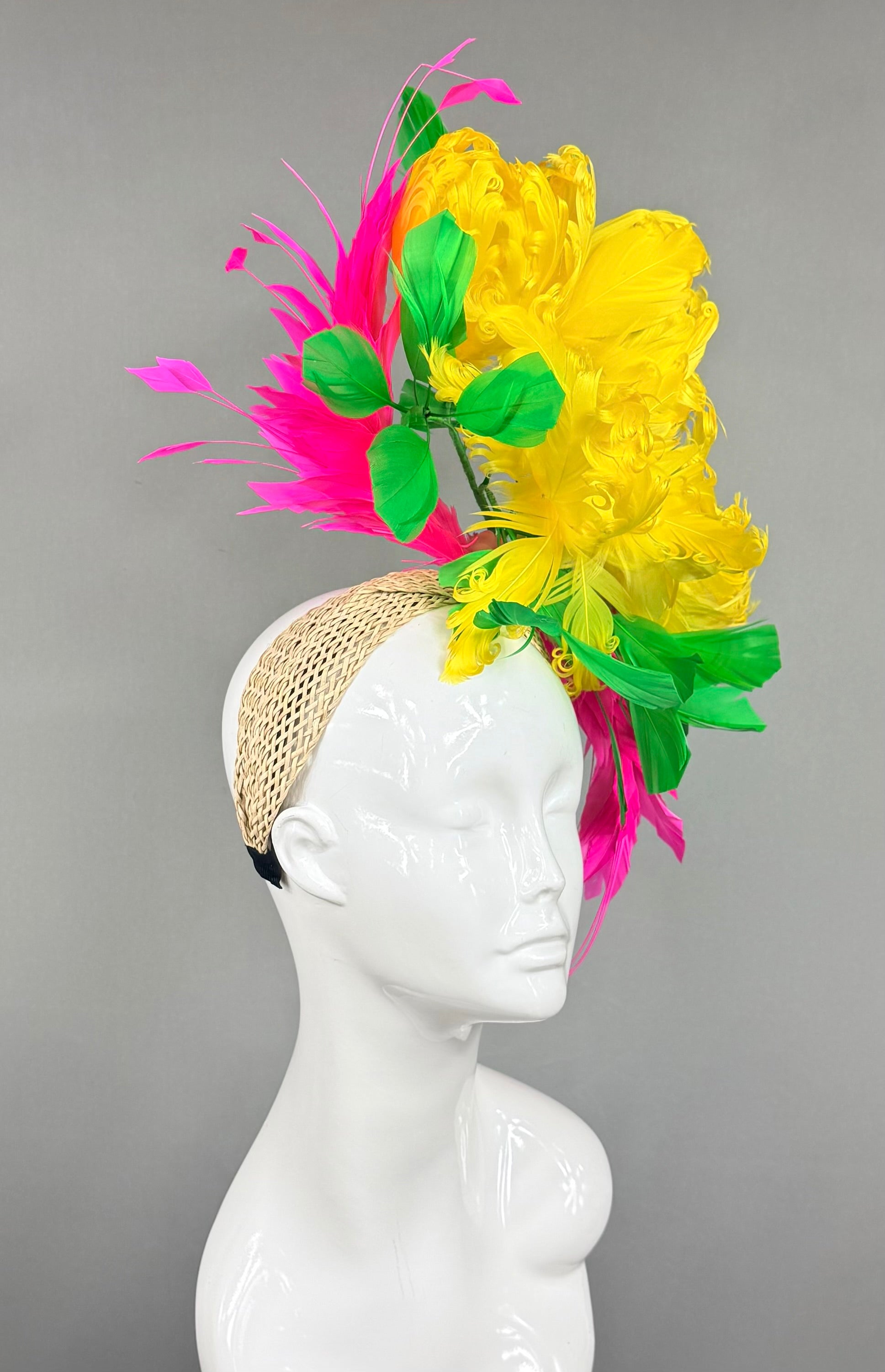 Kentucky Derby Fascinator Hat | Yellow Pink & Green Feather Fascinator Hat | Derbyologie