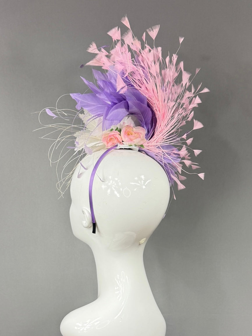 Kentucky Derby Fascinator Hat |White purple and pink feathered Headpiece | Derbyologie