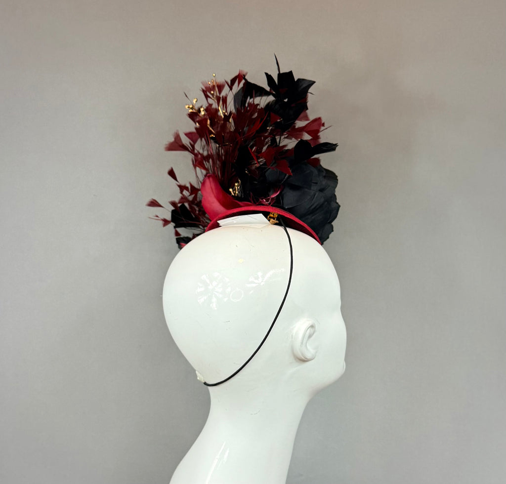 Kentucky Derby Fascinator Hat | Burgundy, Gold and Black Headpiece | Derbyologie