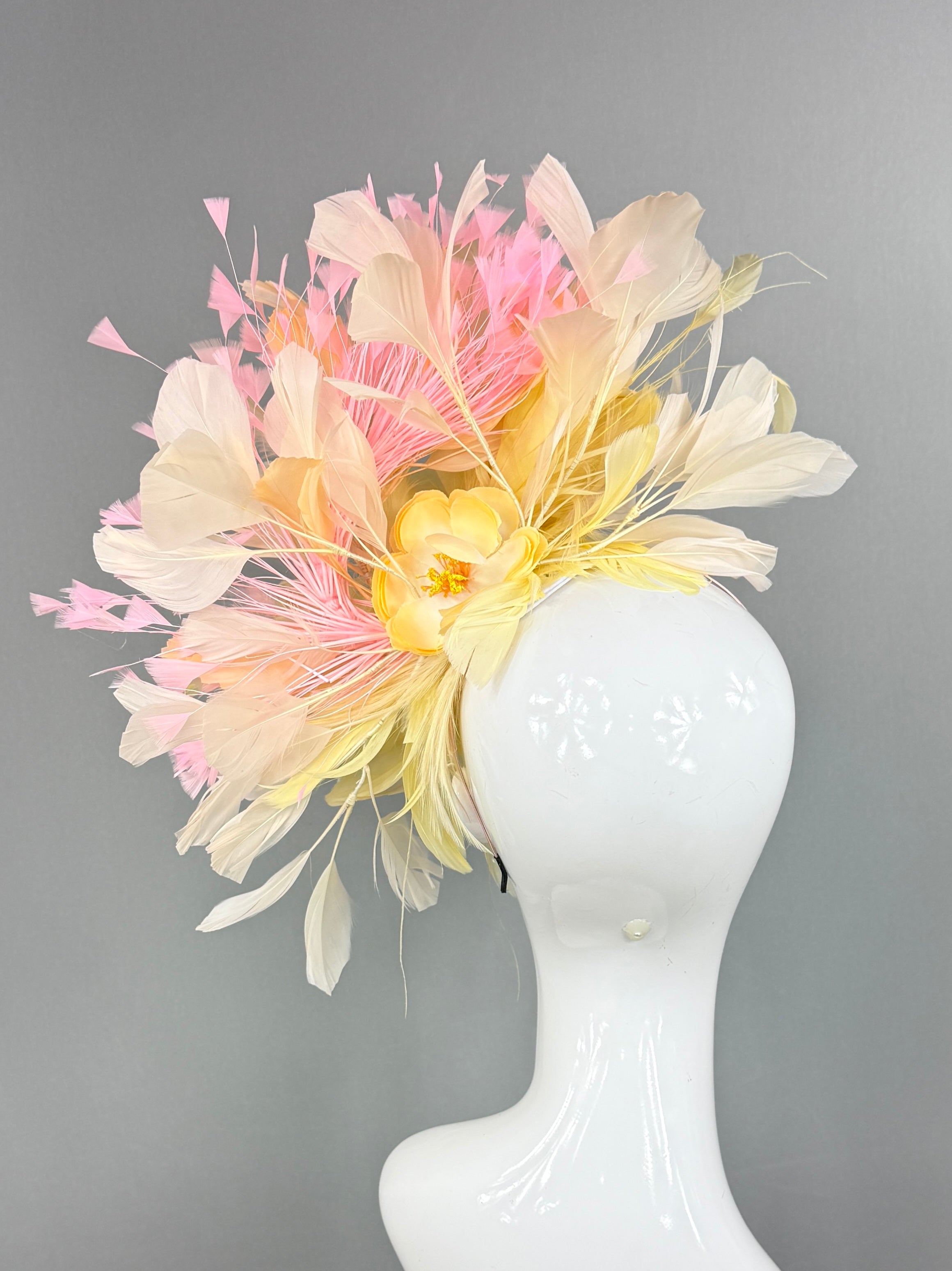 Kentucky Derby Fascinator Hat | Yellow, pink, and beige feathered Headpiece | Derbyologie