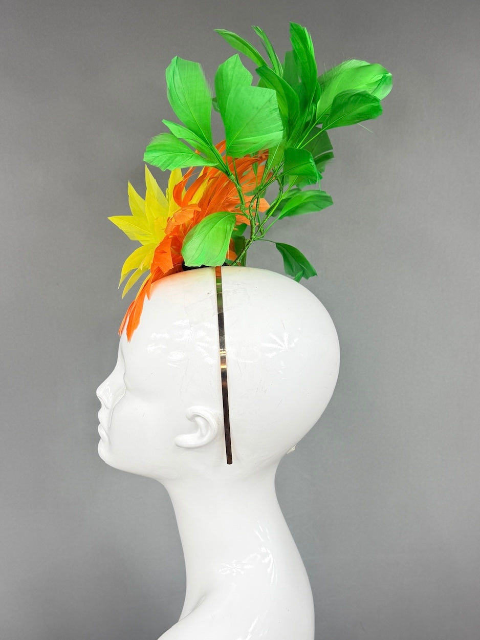 Kentucky Derby Fascinator Hat |  Yellow and Orange feathered dahlia and green feathers Headpiece | Derbyologie