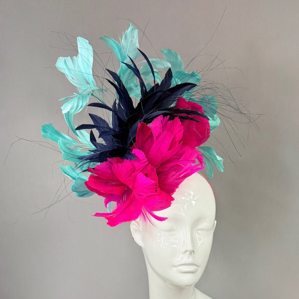 Kentucky Derby Fascinator Hat | Pink, navy, and teal feathered Headpiece | Derbyologie