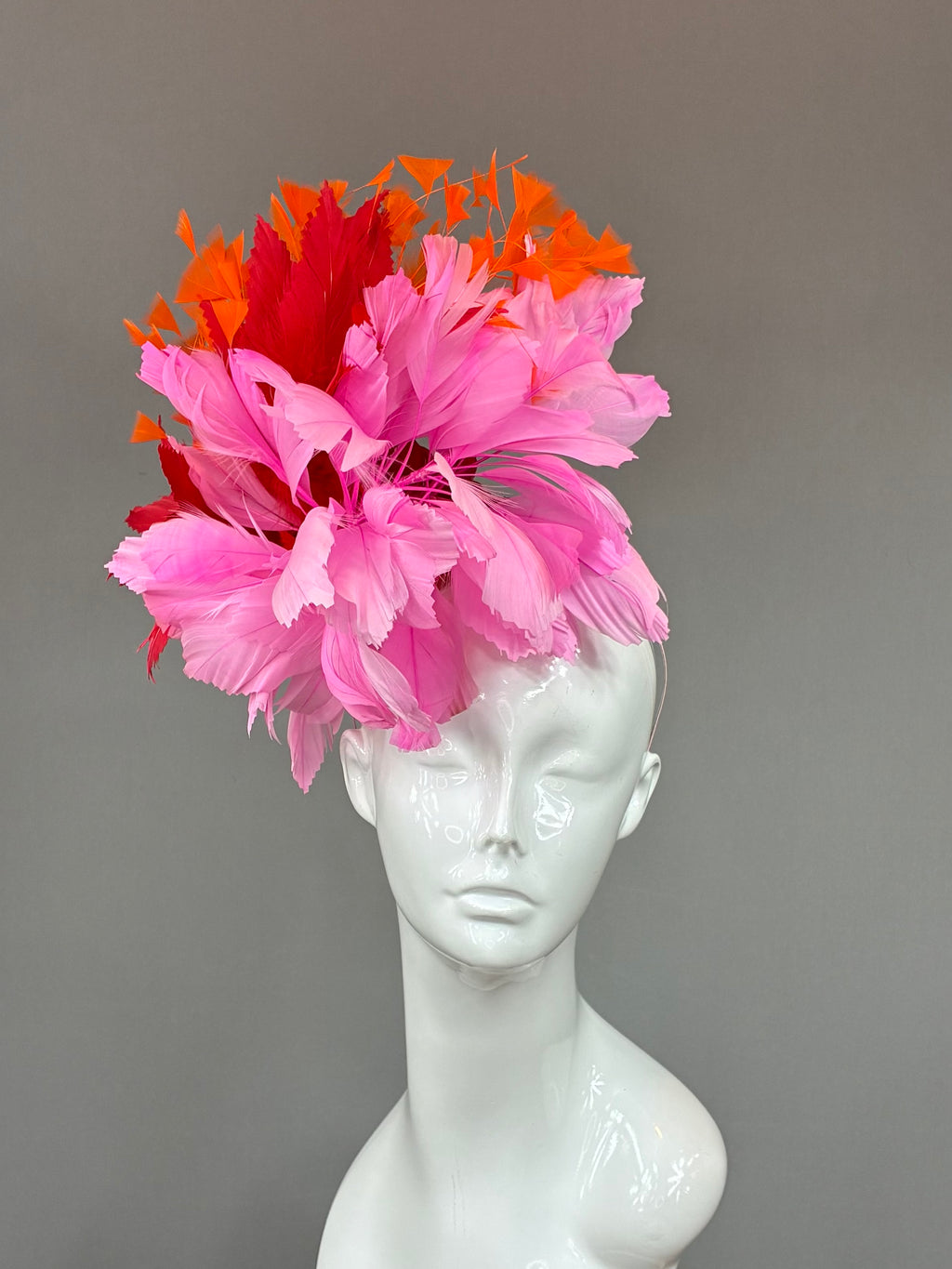 Kentucky Derby Fascinator Hat | Orange, pink, and red feathered Headband Hat | Derbyologie