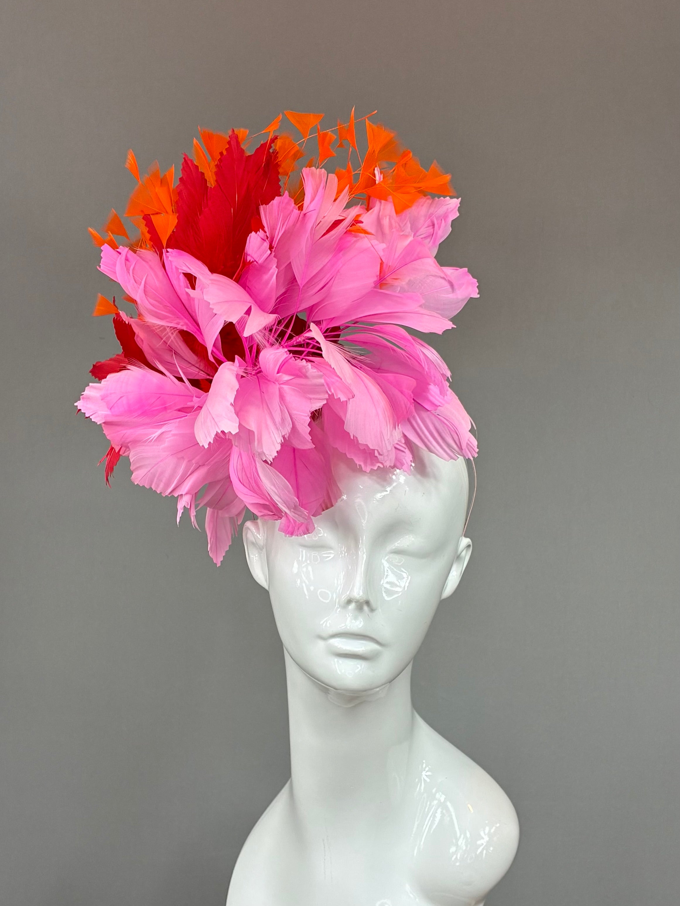 Kentucky Derby Fascinator Hat | Orange, pink, and red feathered Headband Hat | Derbyologie