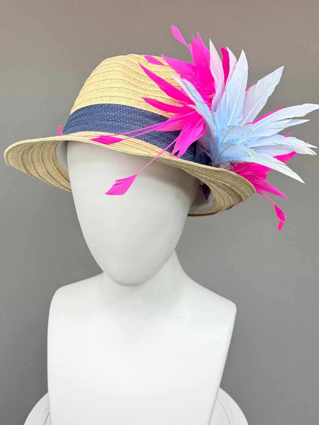 Kentucky Derby Men’s Hat | Straw Fedora, Blue & Pink Feather Hat| Derbyologie