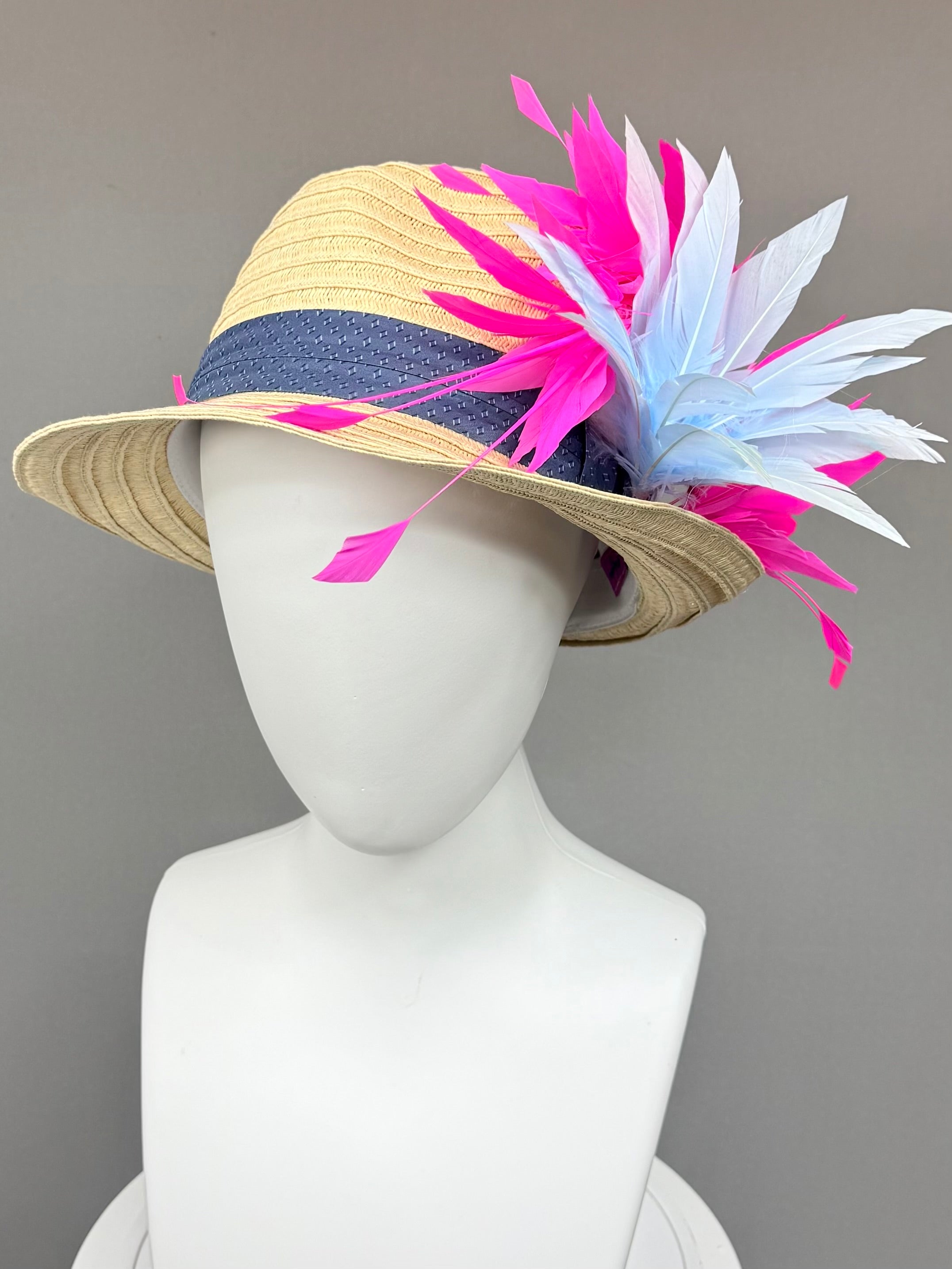 Kentucky Derby Men’s Hat | Straw Fedora, Blue & Pink Feather Hat| Derbyologie